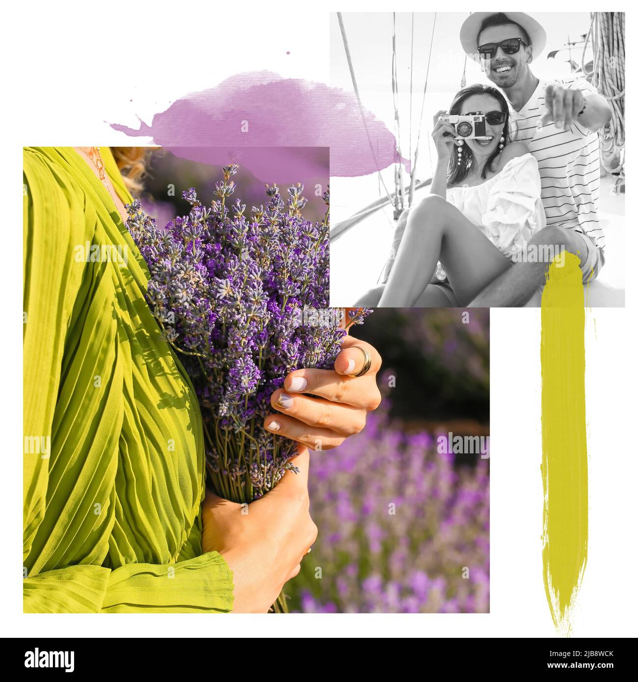 Collage d'été avec une jeune femme aux fleurs de lavande et un jeune couple heureux reposant sur un yacht Banque D'Images