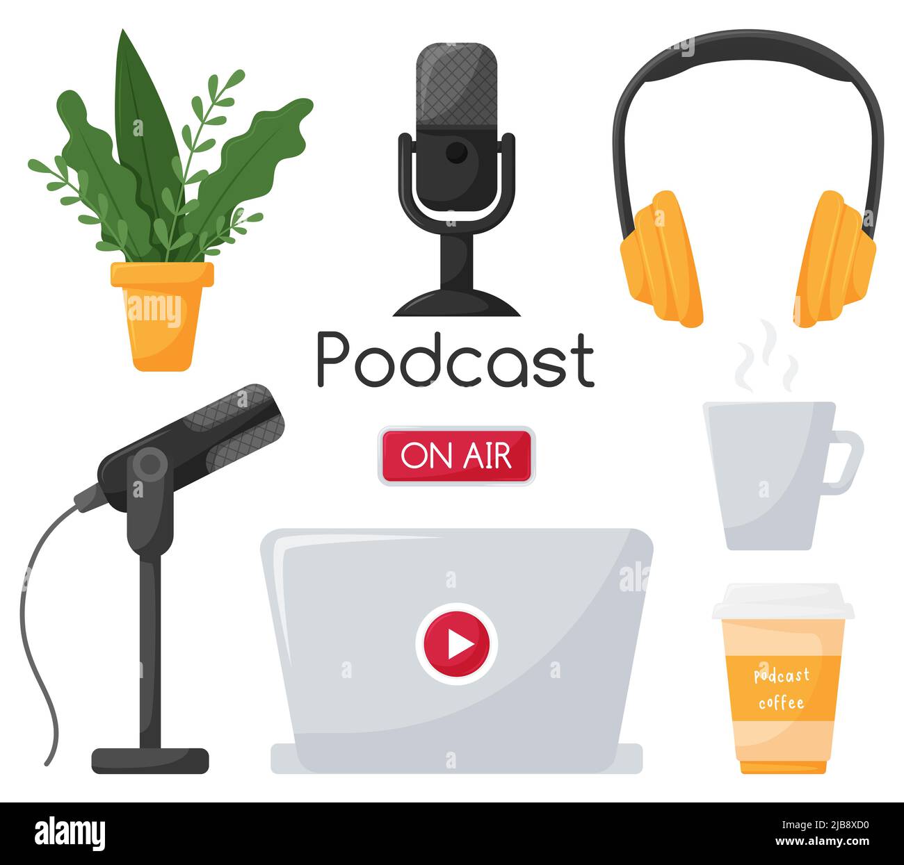 Ensemble d'éléments symbolisant l'enregistrement d'un podcast, d'une émission de radio, d'une émission en ligne. Microphone sur socle, tasse à café, casque, plante en pot. Bouton de lecture. C Illustration de Vecteur