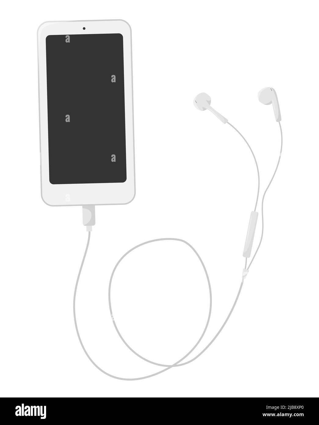 Un smartphone avec écouteurs filaires et un écran vierge. Un téléphone, un appareil électronique avec un espace vide pour le texte. Vue de dessus. Isodose d'illustration à vecteur plat Illustration de Vecteur