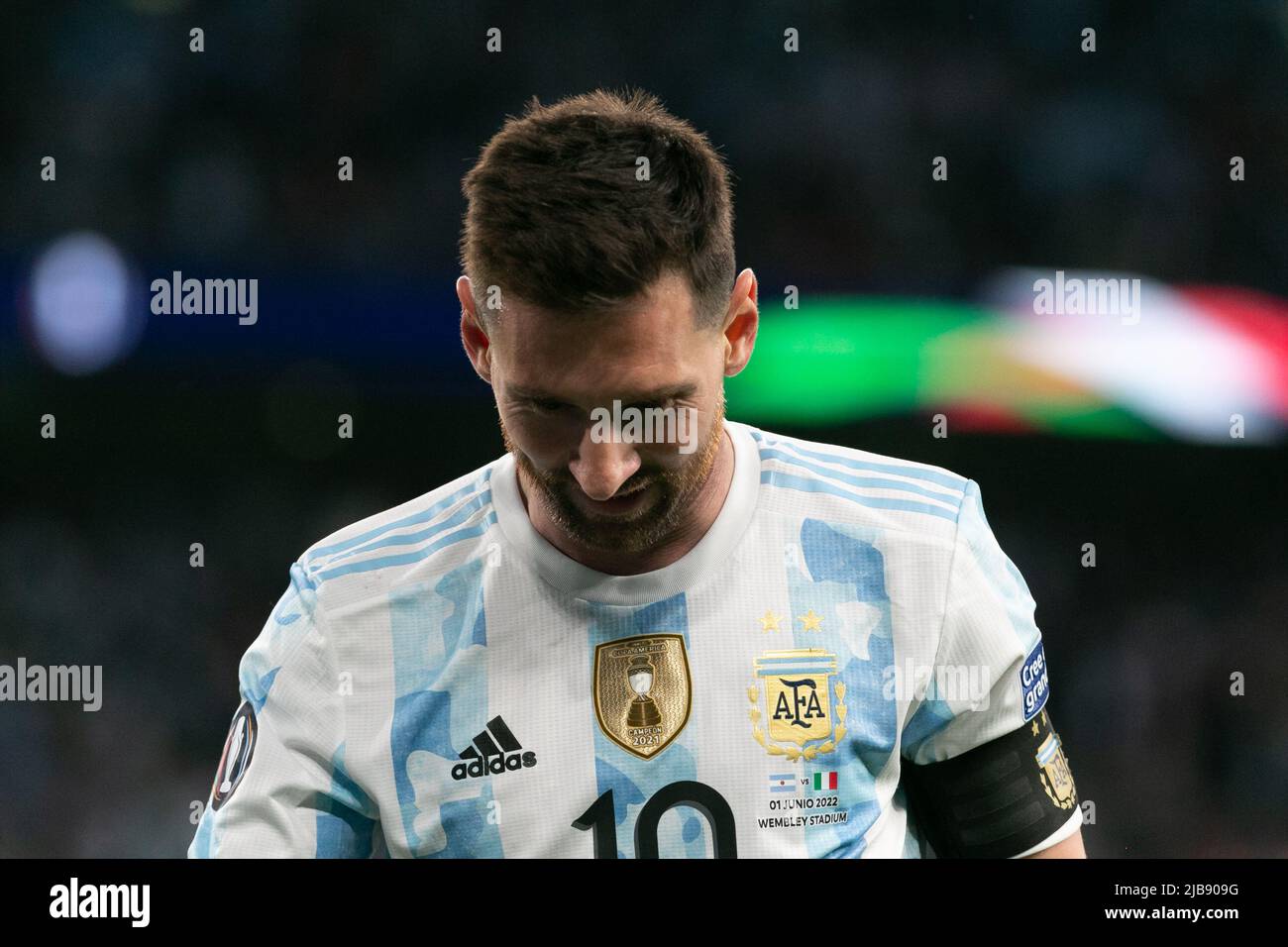 Lionel Messi (c) de l'Argentine réagit lors du match Italie contre Argentine - Finalissima 2022 au stade Wembley sur 1 juin 2022 à Londres, Angleterre.(MB Media) Banque D'Images