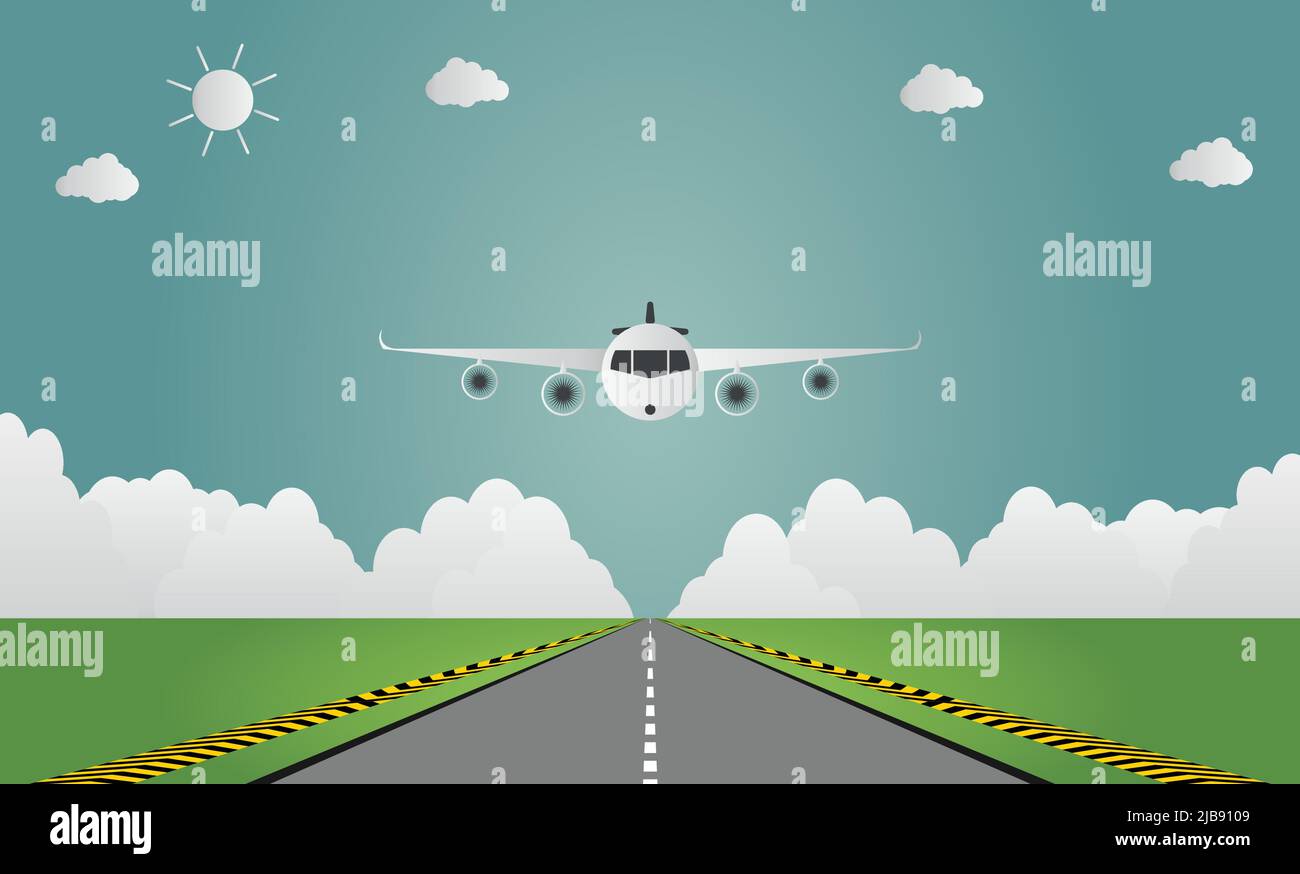 L'avion atterrit sur l'aéroport sur la piste d'atterrissage d'un avion ou de décollage.illustration vectorielle Illustration de Vecteur