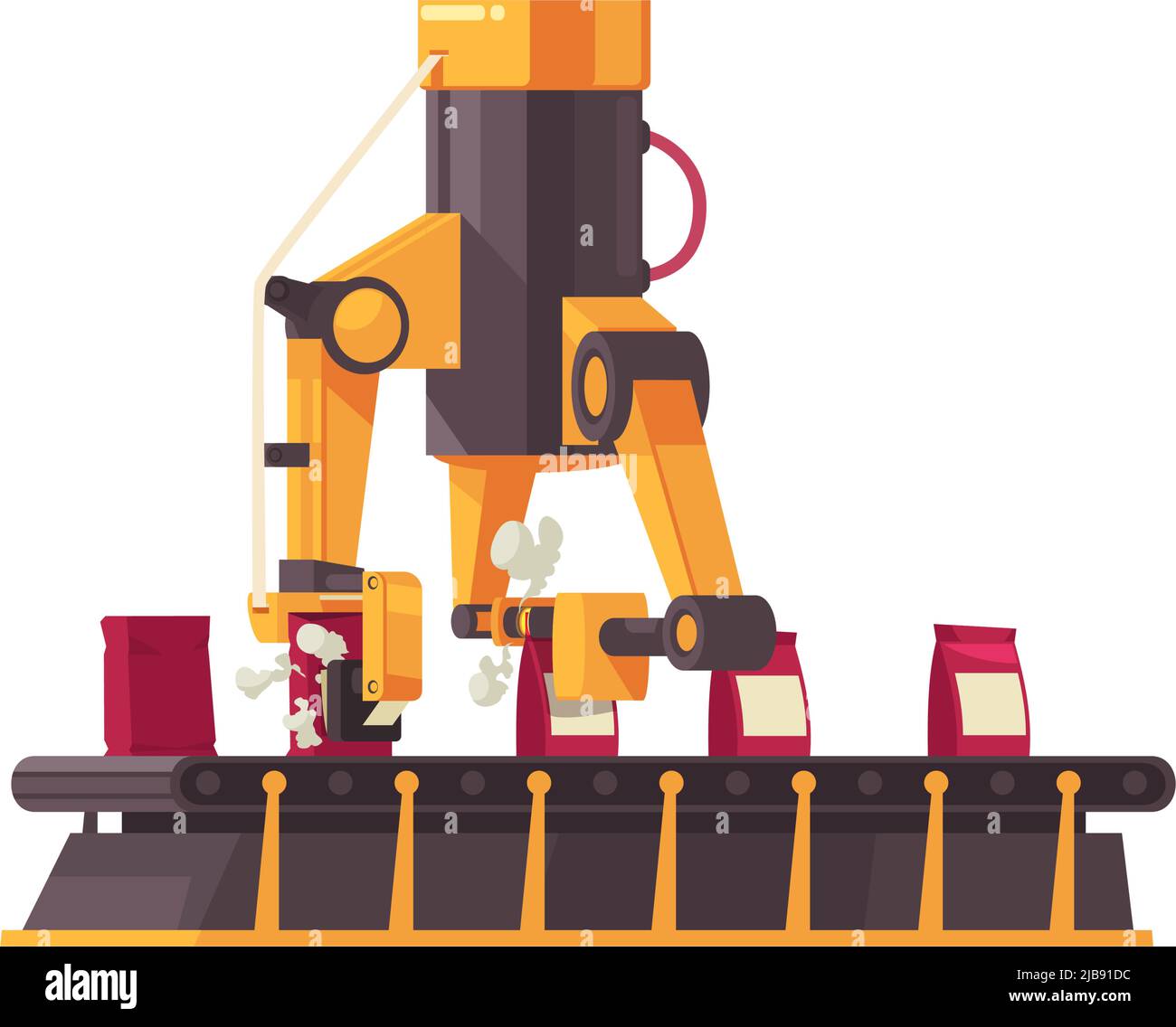 Illustration vectorielle de la machine d'emballage automatisée plate avec tapis transporteur au travail Illustration de Vecteur