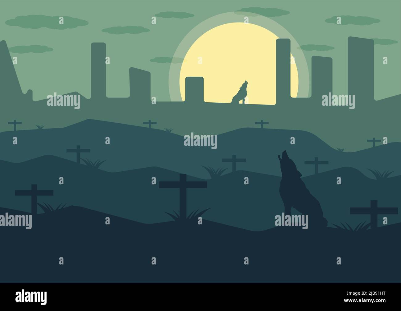 Loup sur la montagne avec une tombe la nuit, illustrateur vectoriel Illustration de Vecteur