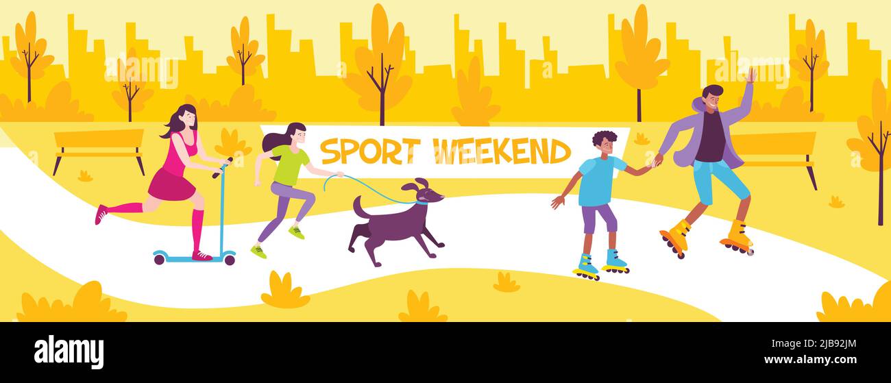 Week-end de sport composition plate avec promenade en famille dans le parc de la ville avec animal de compagnie et patinage sur patins à roulettes illustration vectorielle Illustration de Vecteur