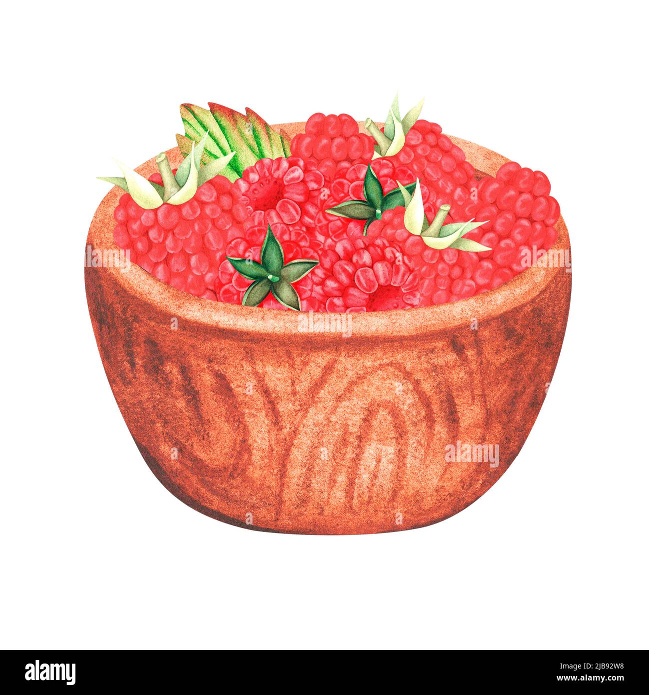 Framboises dans une assiette en bois. Illustration aquarelle. Isolé sur un fond blanc. Pour votre conception. Convient aux livres de cuisine, recettes, tabliers. Banque D'Images