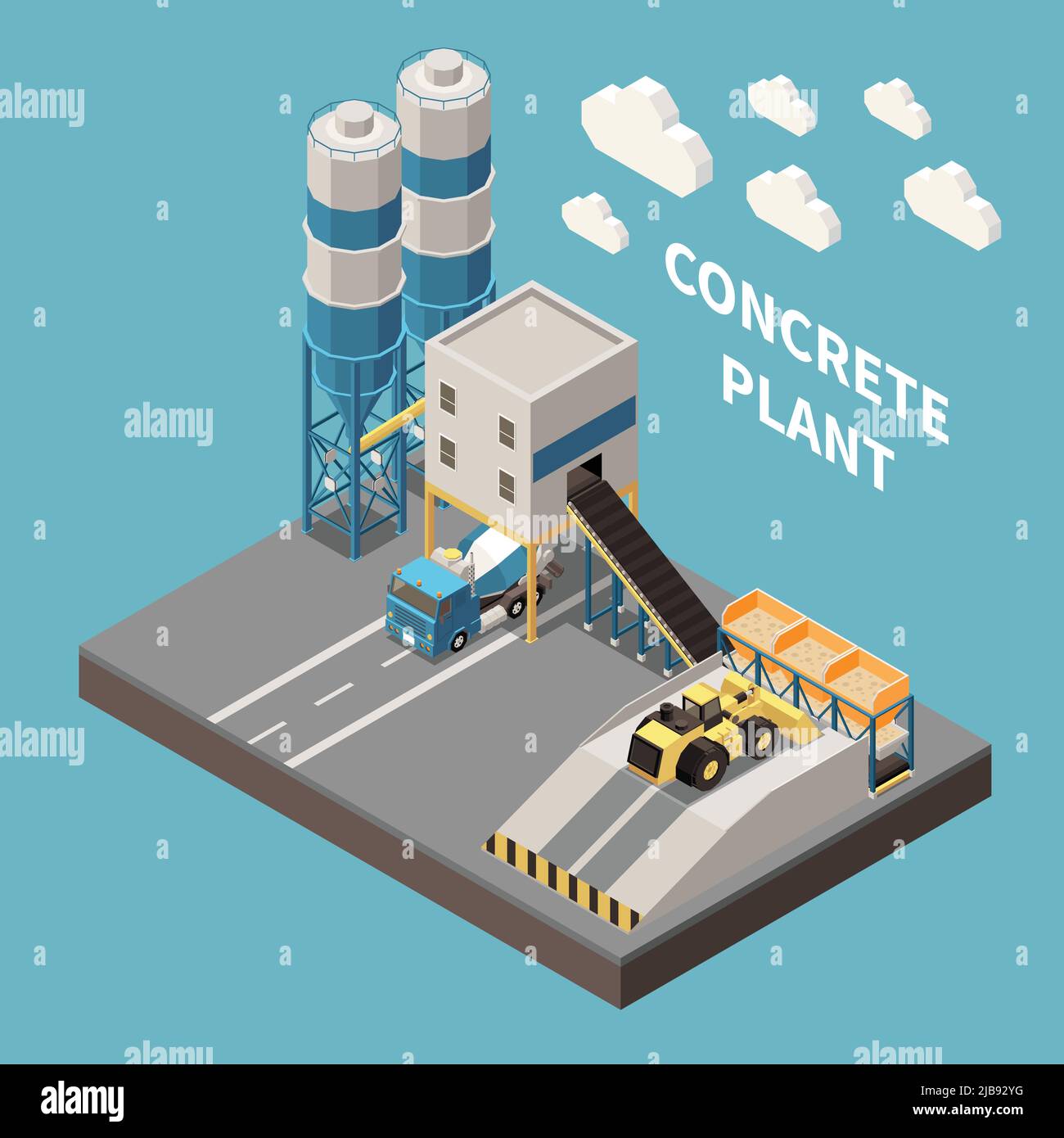 Production de ciment de béton composition isométrique avec titre de plante de béton et illustration de vecteur de terre isolée de 3D pièces Illustration de Vecteur