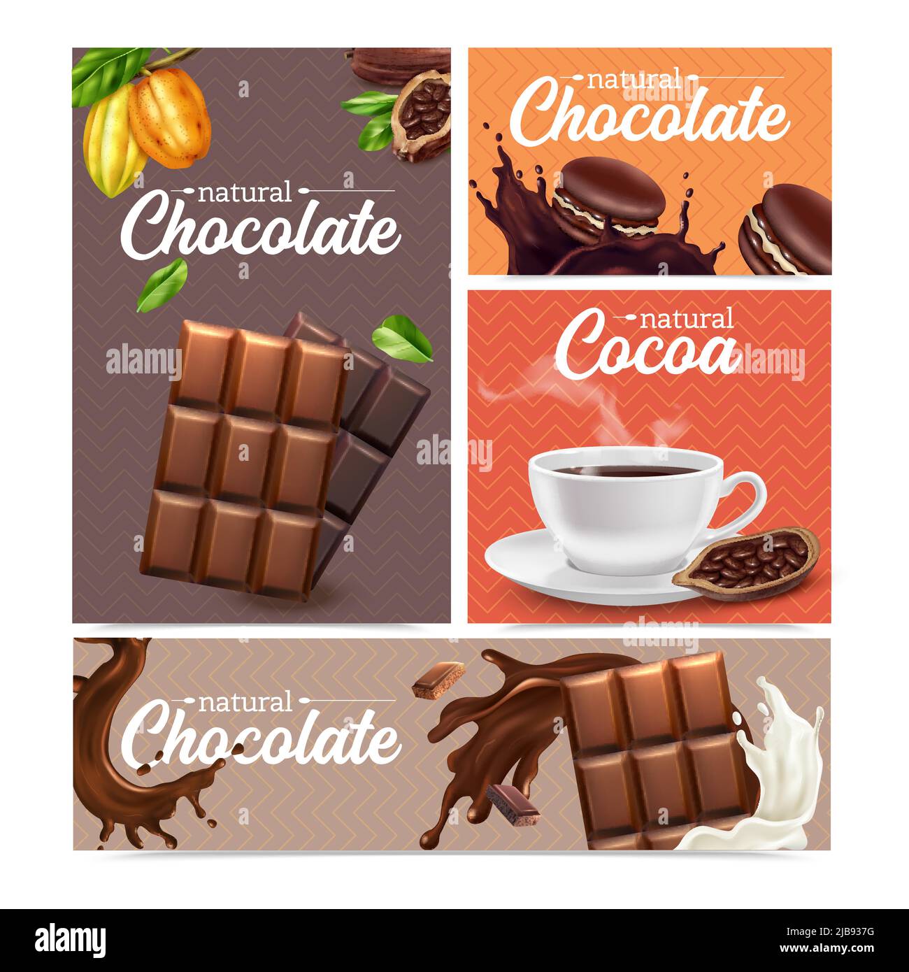 Banderoles réalistes de cacao ensemble de chocolat barre cacao haricots tasse de chocolat chaud vecteur isolé illustration Illustration de Vecteur