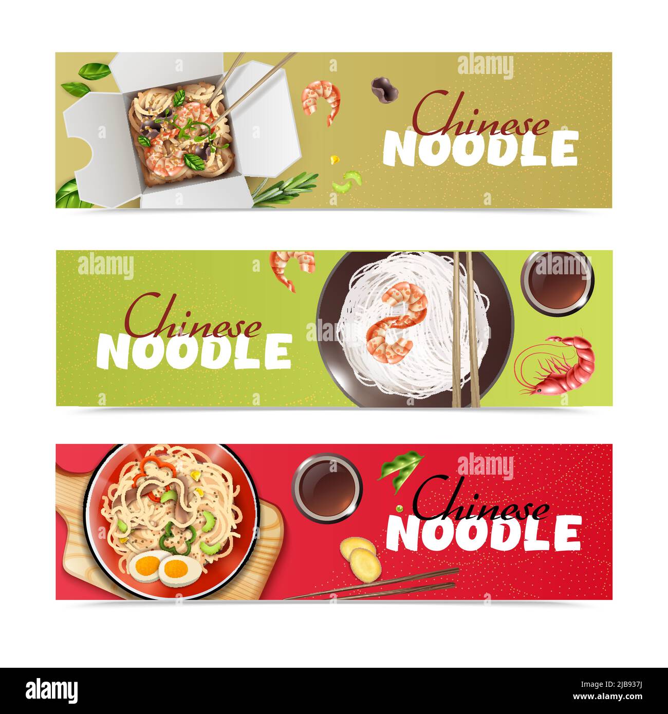 Nouilles chinoises 3 publicité réaliste nourriture asiatique publicité bannières horizontales avec sauté wok plats illustration vectorielle Illustration de Vecteur