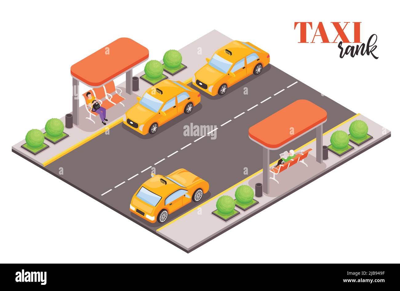 Composition isométrique de l'arrêt de taxi de ville avec texte et morceau de rue avec des voitures de taxi et des illustrations de vecteur de personnes Illustration de Vecteur
