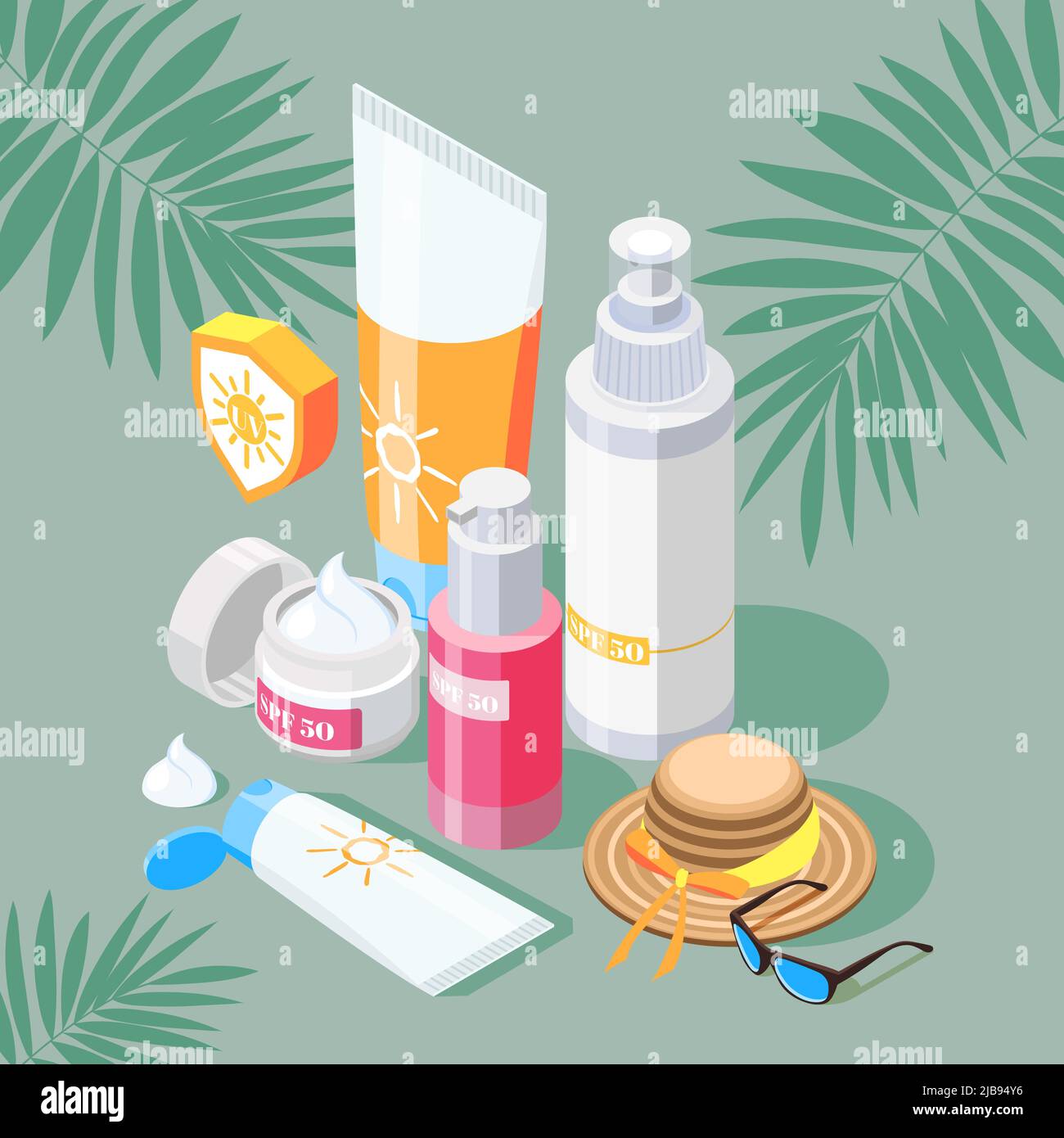 Crème solaire composition isométrique avec ensemble de produits de protection solaire crèmes et spray avec chapeau et lunettes de soleil vecteur illustration Illustration de Vecteur