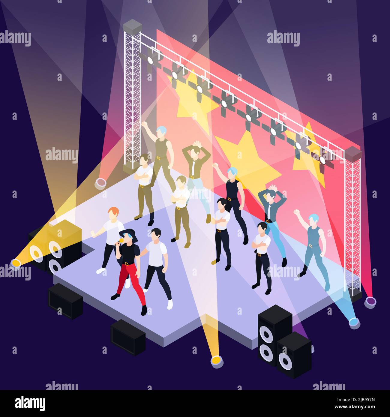 K musique pop garçons groupe chant et danse sur scène extérieure illustration vectorielle isométrique de fond Illustration de Vecteur