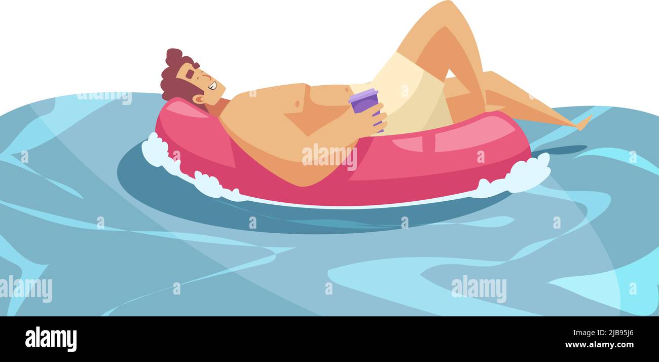 Composition de plage avec surface d'eau et homme couché sur anneau gonflable avec une tasse de boisson illustration vectorielle Illustration de Vecteur