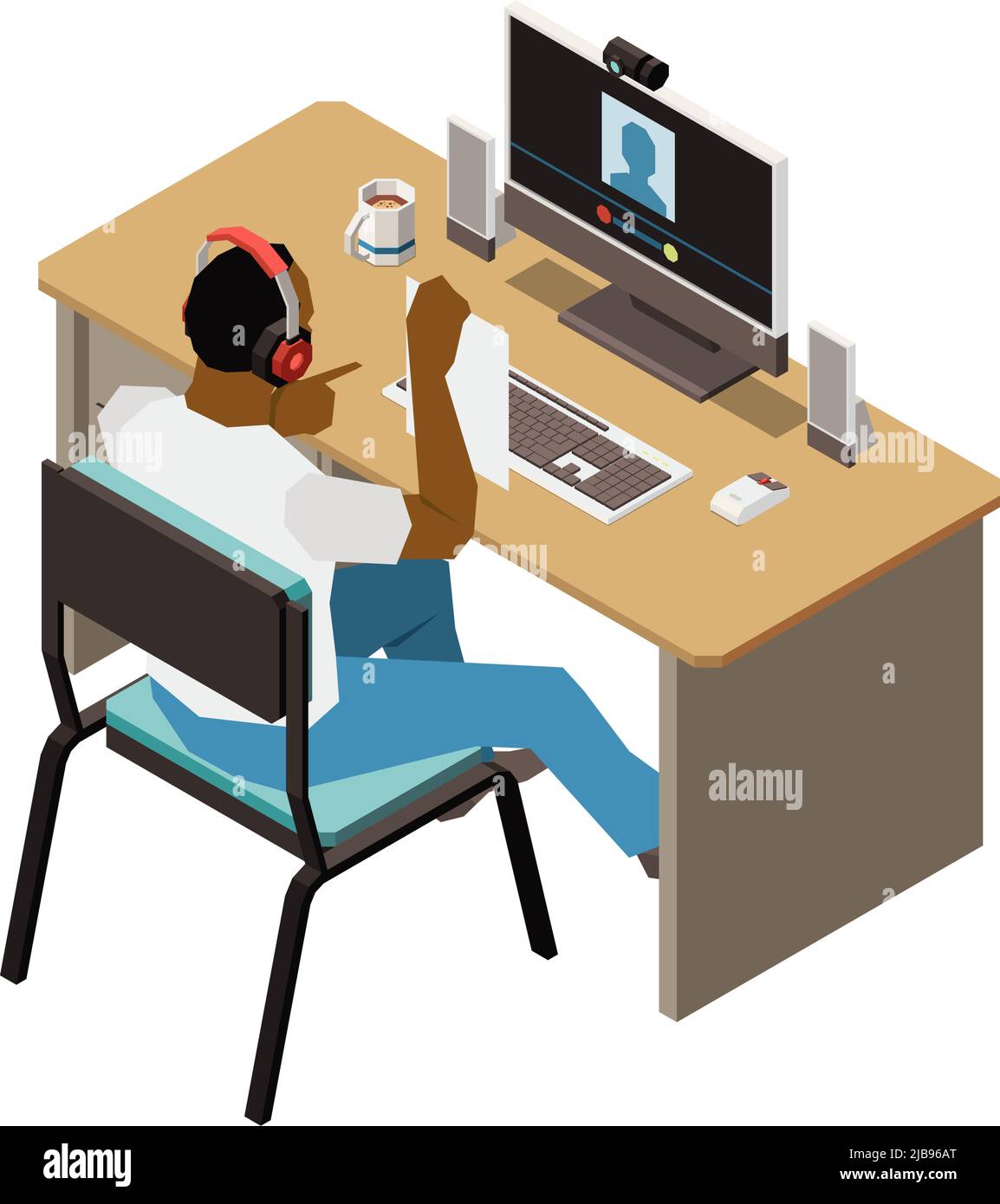 Discussion de personnes composition isométrique avec un homme assis à la table d'ordinateur montrant le papier à l'illustration de vecteur de webcam Illustration de Vecteur