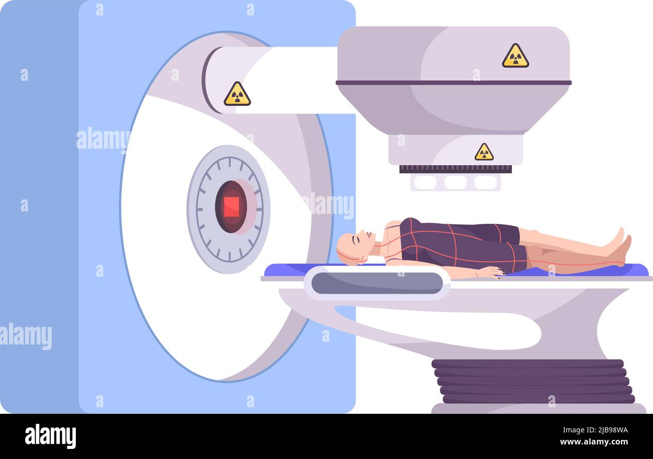 Composition à plat pour oncologie avec une patiente allongée sur l'illustration vectorielle de la table de dépistage Illustration de Vecteur