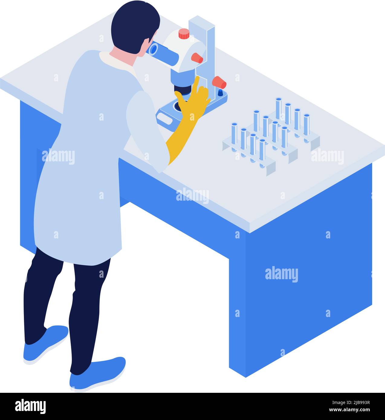 Composition de vaccination isométrique avec un scientifique regardant au microscope avec illustration vectorielle de tubes à essai Illustration de Vecteur