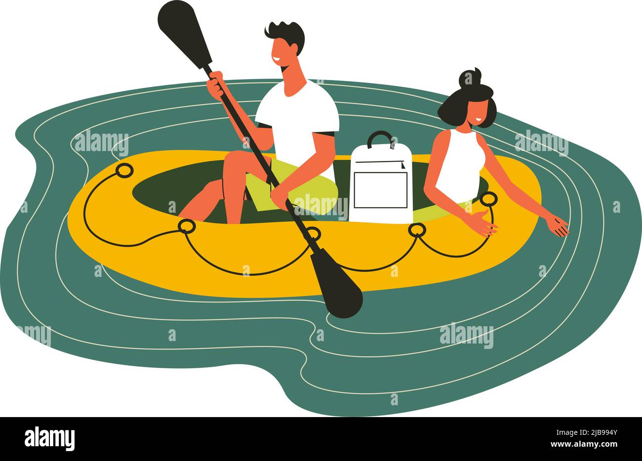 Composition de randonnée avec des personnages de doodle de l'homme et de la femme assis dans l'illustration de vecteur de bateau gonflable Illustration de Vecteur