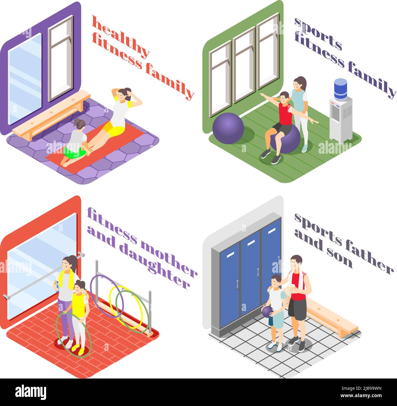 Concept 2x2 de style de vie sain avec des membres de la famille engagés dans la forme physique et le sport illustration vectorielle isométrique Illustration de Vecteur