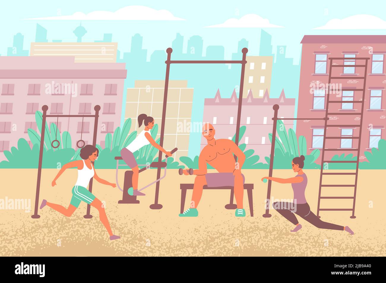 Composition de terrain de sport urbain avec paysage urbain plat extérieur et équipement de gym avec des personnes effectuant des exercices d'entraînement illustration vectorielle Illustration de Vecteur