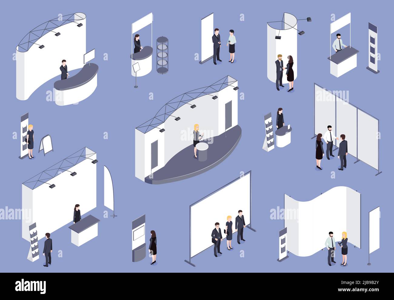 Stand de l'exposition ensemble isométrique de couleur sur fond lilas avec consultants visiteurs personnel travaillant pour l'exposition illustration vectorielle isolée Illustration de Vecteur