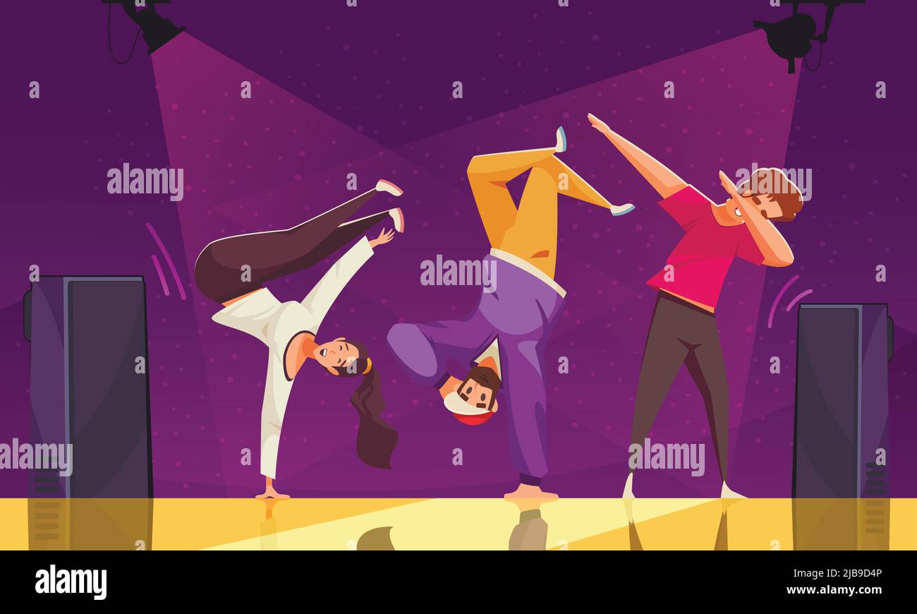 Journée internationale de danse fond coloré avec trois adolescents dansant breakdance sur scène illustration vectorielle plate Illustration de Vecteur