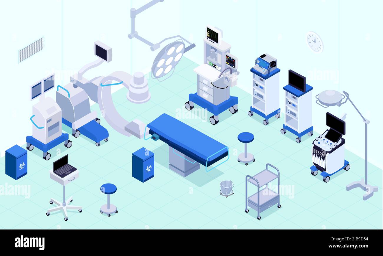 Equipement de salle d'opération médicale éclairage surveillance de la fréquence cardiaque poumons ventilateurs machines d'anesthésie tableau chirurgical illustration isométrique vecteur Illustration de Vecteur