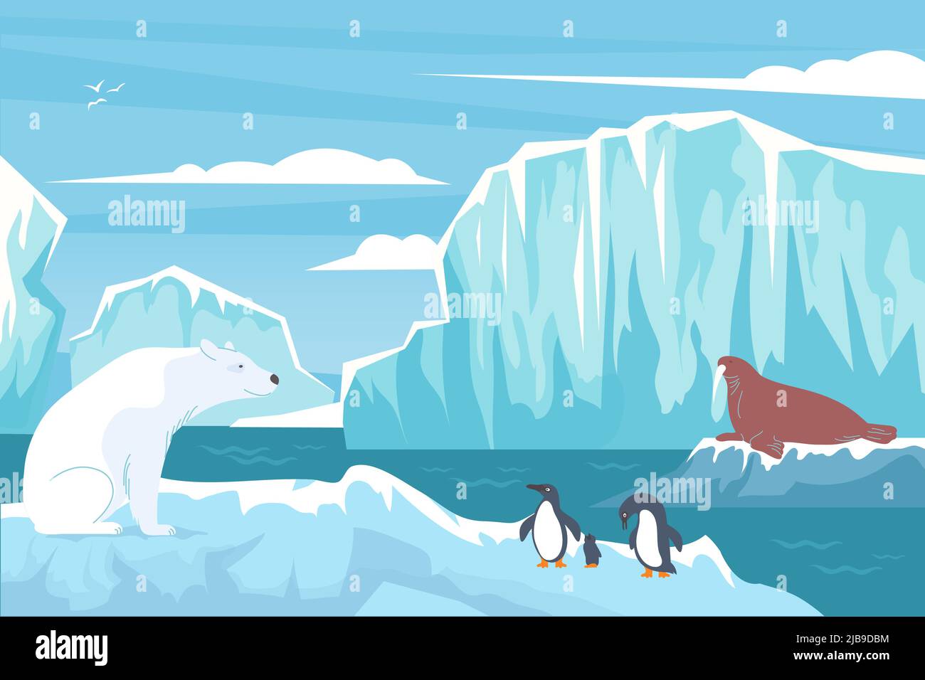Faune polaire plat composition avec des blocs de paysage nordique de falaises de glace ours blanc pingouins et illustration de vecteur de phoque Illustration de Vecteur