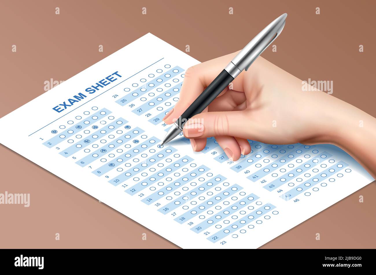 Composition réaliste du stylo de test manuel avec main humaine remplissant la feuille d'examen avec illustration vectorielle du stylo à bille Illustration de Vecteur