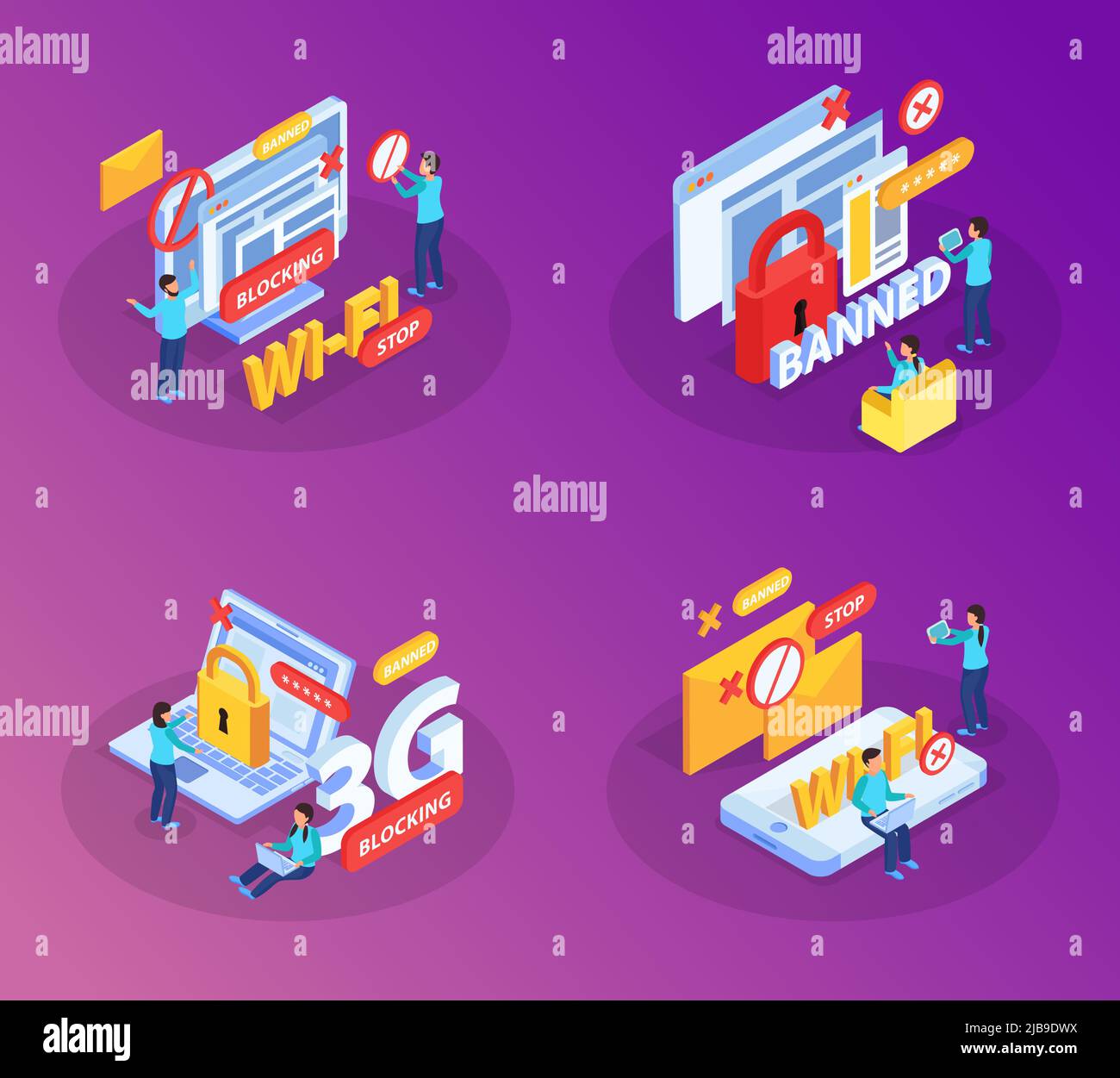 Blocage des sites Internet utilisateurs périphériques du réseau wifi concept 4 compositions isométriques avec symboles de verrouillage illustration vectorielle Illustration de Vecteur
