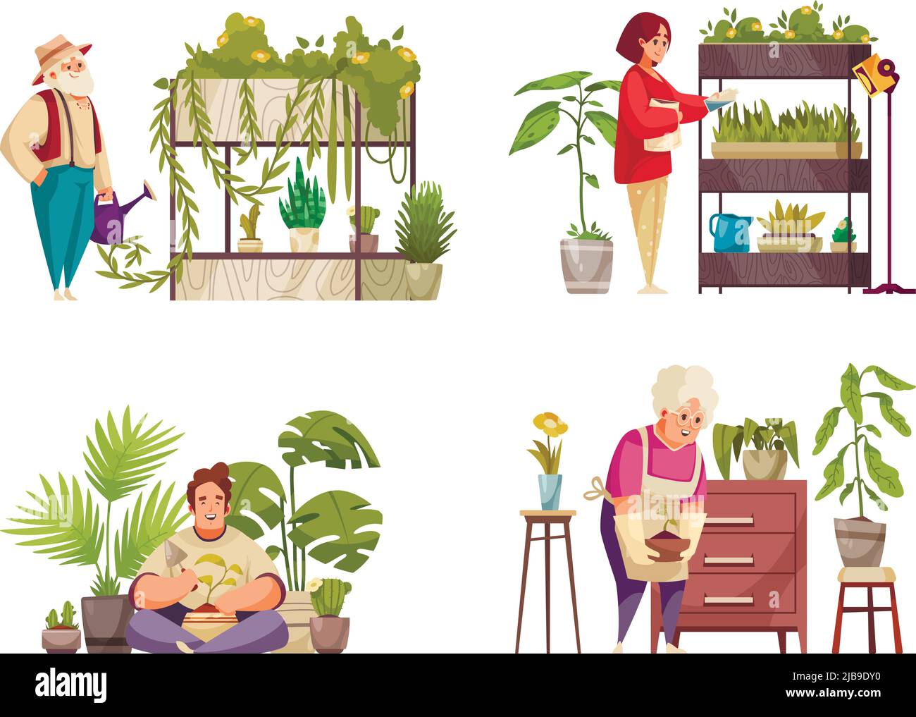 Home plantes 2x2 compositions avec des gens arroser et prendre soin des plantes de maison isolées sur fond blanc illustration de vecteur plat Illustration de Vecteur