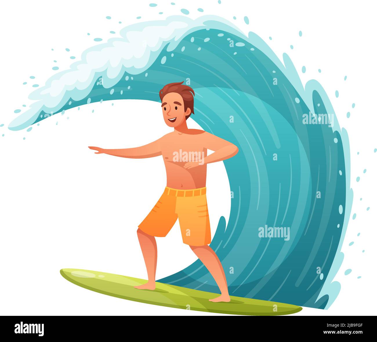 Composition de dessins animés de sports nautiques d'été avec caractère de l'homme debout sur la planche de surf avec illustration de vecteur d'onde Illustration de Vecteur