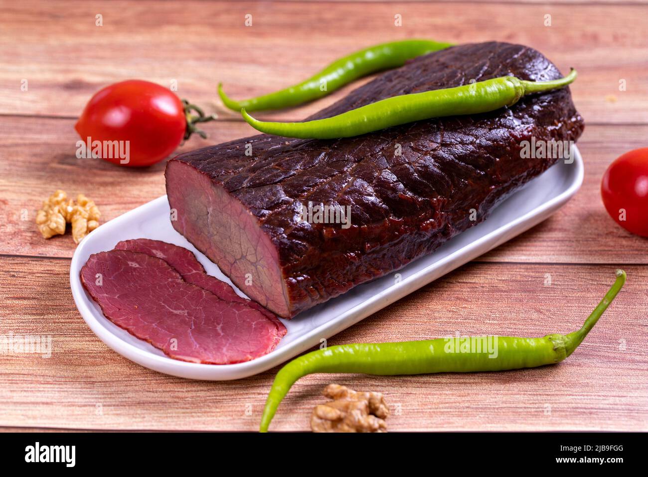 Viande sèche. Viande séchée à base de viande de ribeye. Gros plan. Nom local kuru et Banque D'Images