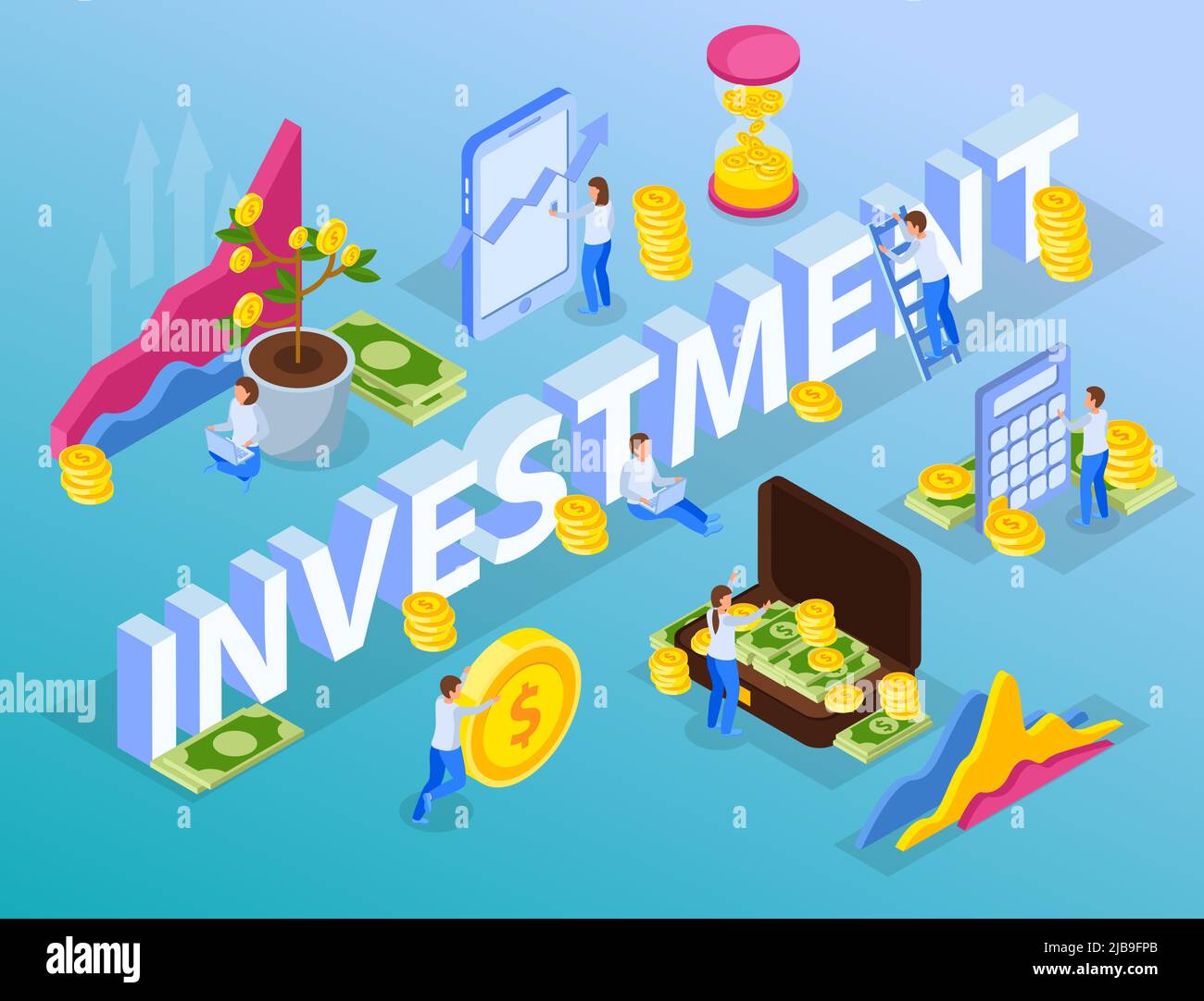 Investissement composition isométrique avec 3D textes entourés d'images conceptuelles avec des personnages humains pièces et billets illustration vectorielle Illustration de Vecteur