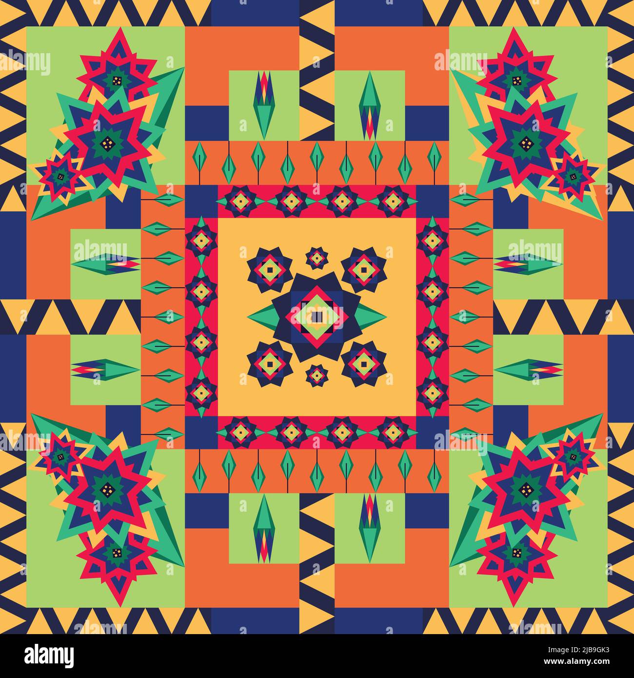 Motif vectoriel sans couture avec fleurs géométriques sur la courtepointe carrée Nuancier en tissu à motif floral répété avec fleurs colorées. Illustration de Vecteur