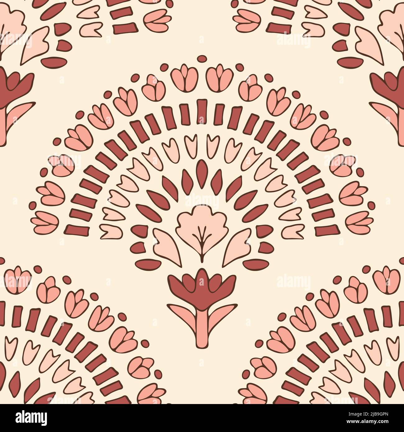 Motif vectoriel sans couture avec éventail de fleurs sur fond rose. Superbe papier peint arc-en-ciel fleuri. Textile de mode tribal décoratif. Illustration de Vecteur
