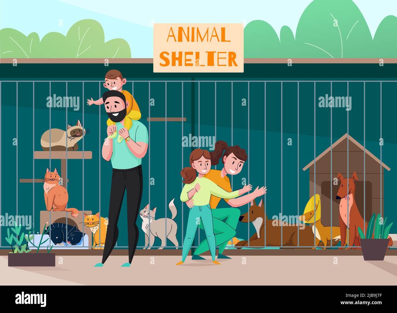 Composition familiale d'abri d'animaux avec paysages extérieurs personnages d'enfants et de parents devant l'illustration de vecteur de cage Illustration de Vecteur