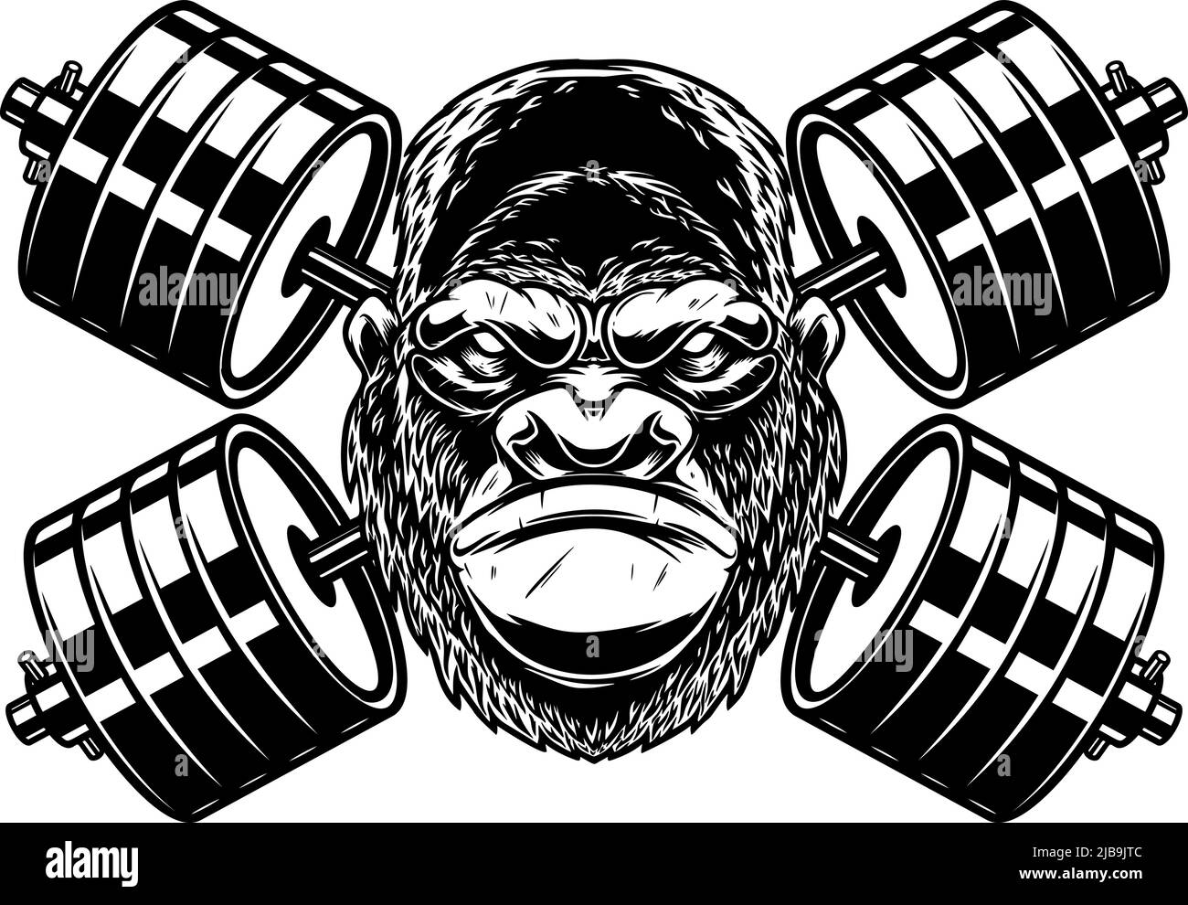 Gorilla avec cloches de gym croisées. Élément design pour logo, emblème, affiche, affiche, t-shirt. Illustration vectorielle Illustration de Vecteur