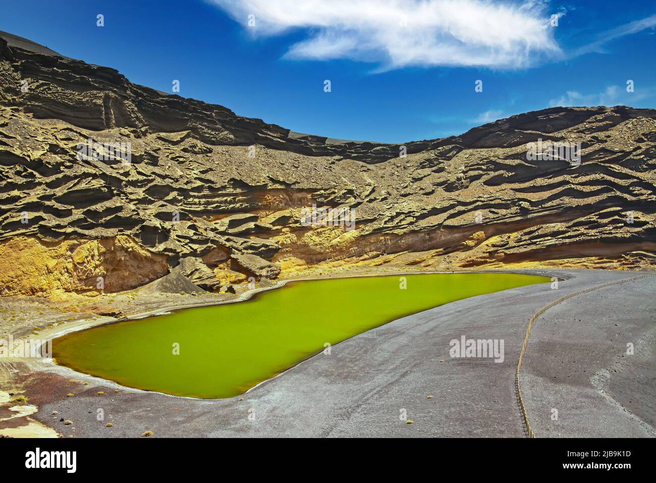 Belle vallée de lagune isolée, rochers rouges, lac vert profond (Lago verde), sable de lave noir, impressionnantes falaises abruptes et escarpées - El Golfo, Lanzarote Banque D'Images