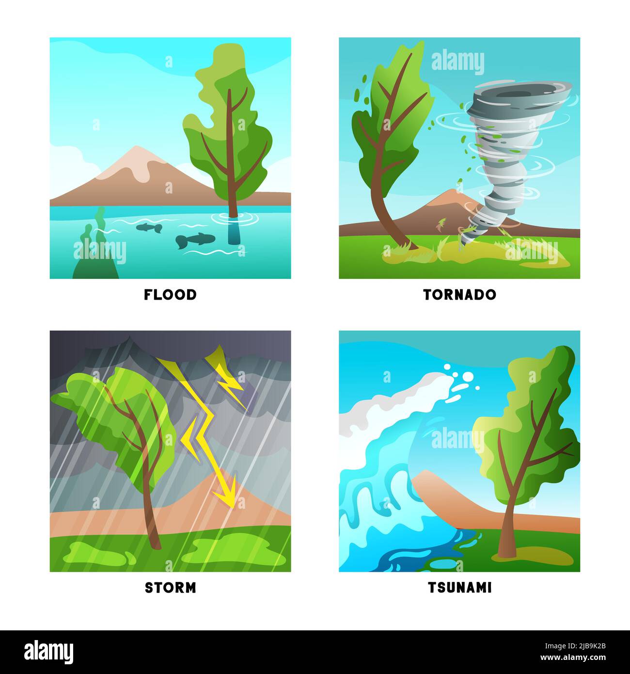 Catastrophes naturelles concept 4 compositions plates ensemble avec tempête inondation tornade et illustration de vecteur isolé d'onde de tsunami Illustration de Vecteur