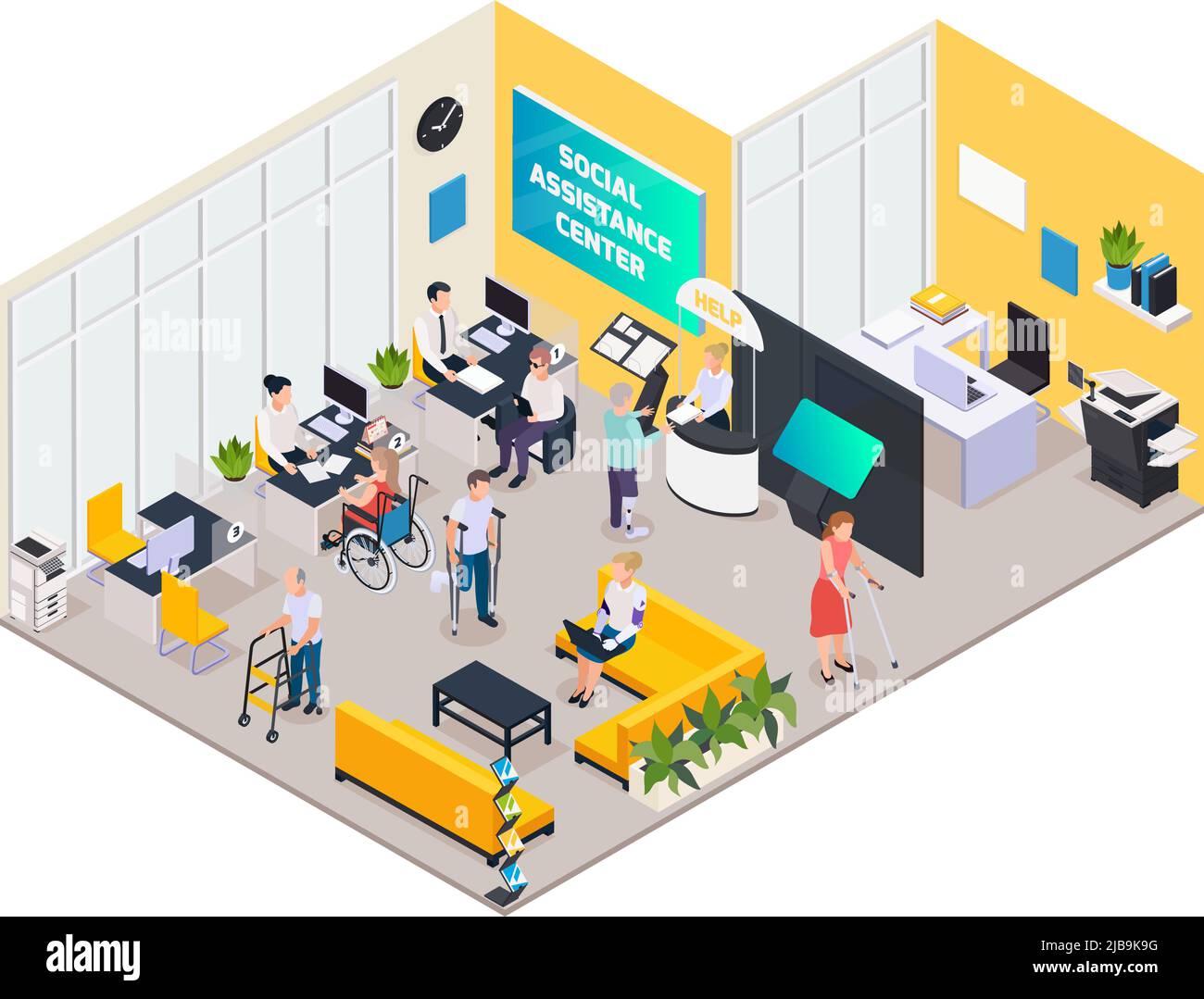 Composition isométrique avec personnes handicapées avec béquilles et fauteuil roulant au centre d'assistance sociale 3D illustration vectorielle Illustration de Vecteur