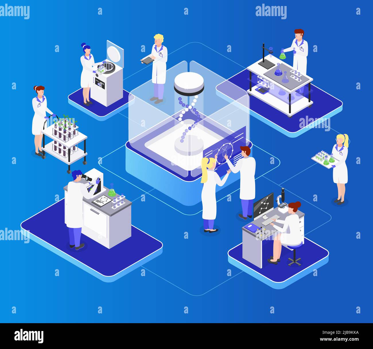 Bio-ingénierie GMO composition isométrique avec organismes de laboratoire biochimique manipulation de l'adn améliorer leur illustration de vecteur de valeur nutritionnelle Illustration de Vecteur