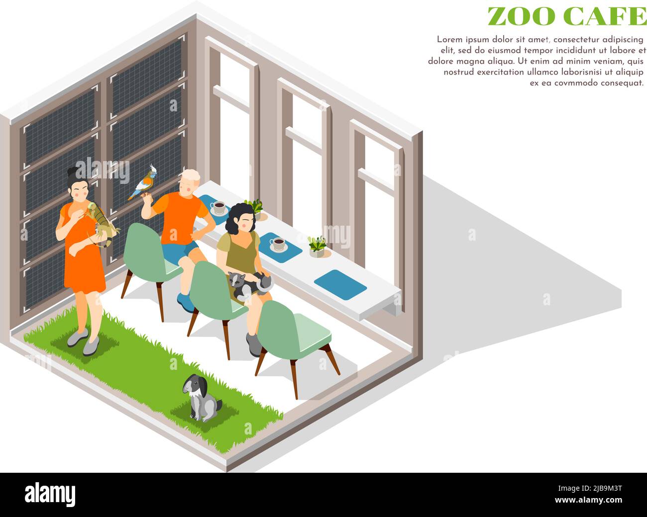 Zoocafe concept coloré et isolé avec place pour les animaux de compagnie et leurs propriétaires illustration vectorielle Illustration de Vecteur