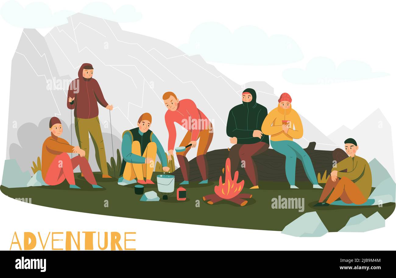 Randonnées en montagne aventures composition plate avec alpinistes faisant halte dans les contreforts commencer camping illustration vecteur de feu Illustration de Vecteur