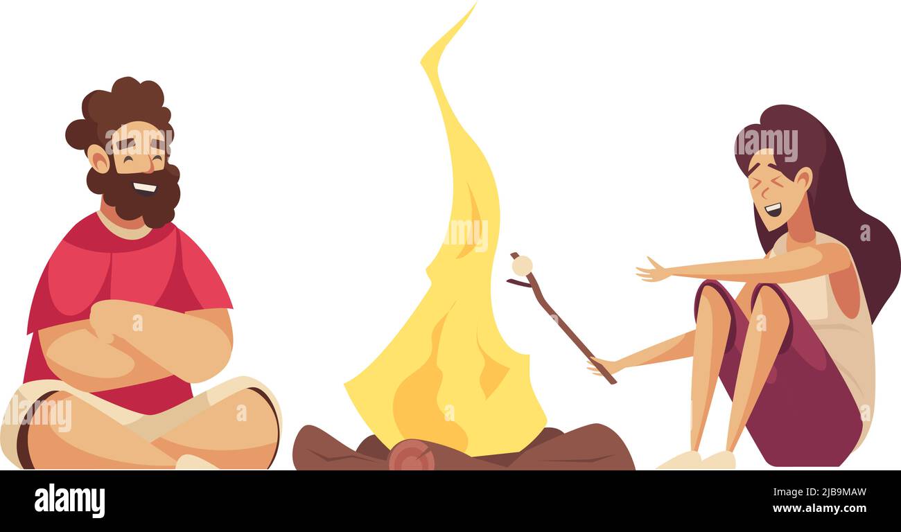 Deux heureux personnages de dessin animé friture marshmallow sur l'illustration vectorielle de feu de camp Illustration de Vecteur