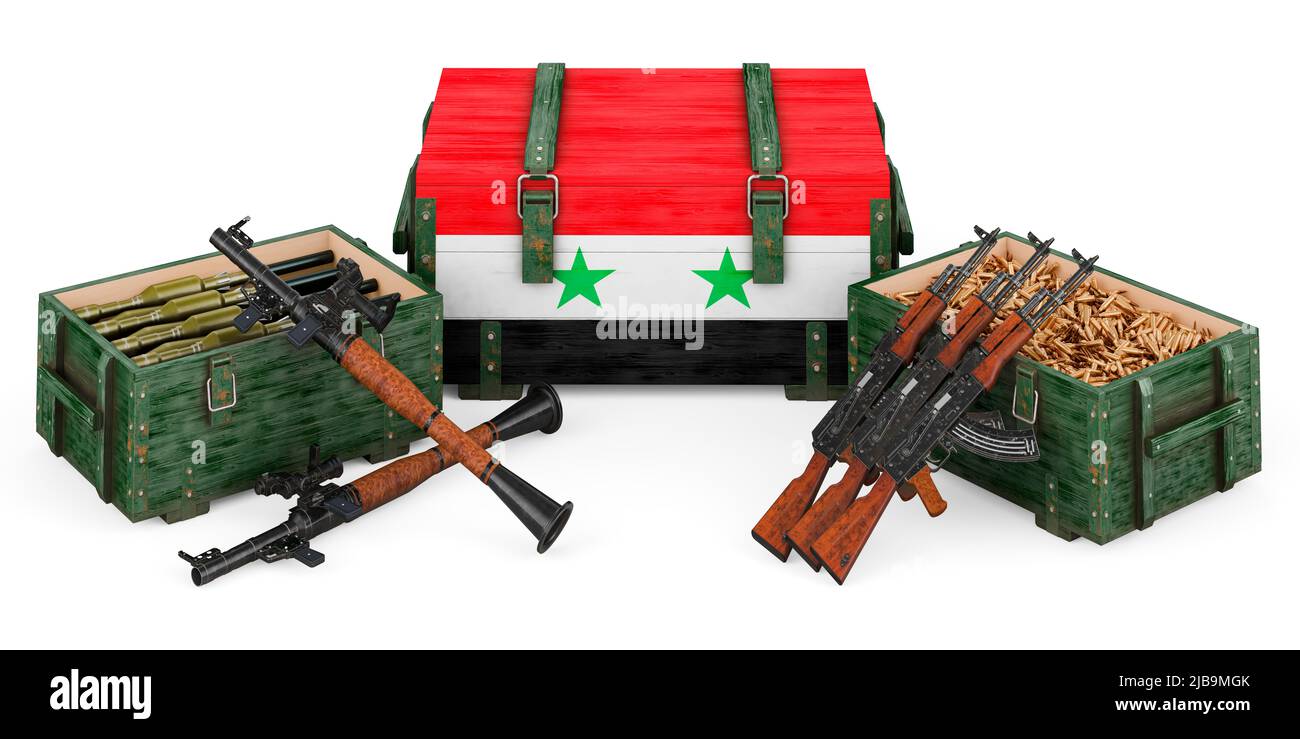 Armes, fournitures militaires en Syrie, concept. 3D rendu isolé sur fond blanc Banque D'Images
