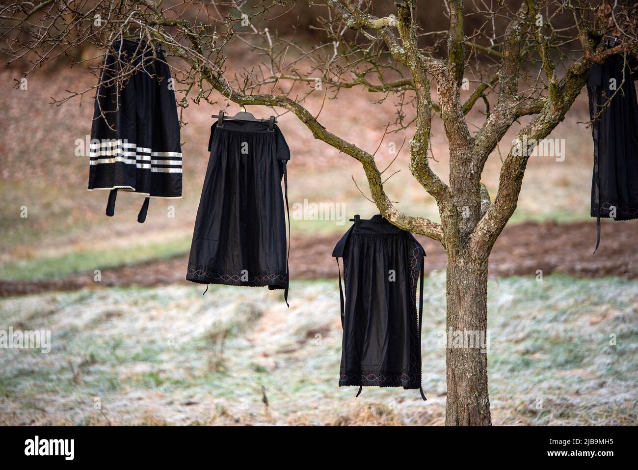 Costume folklorique dans la nature. Costume traditionnel slave lors d'une exposition sur la nature. Détail des vêtements, photo d'illustration pour une exposition ou un festival folklorique. S Banque D'Images