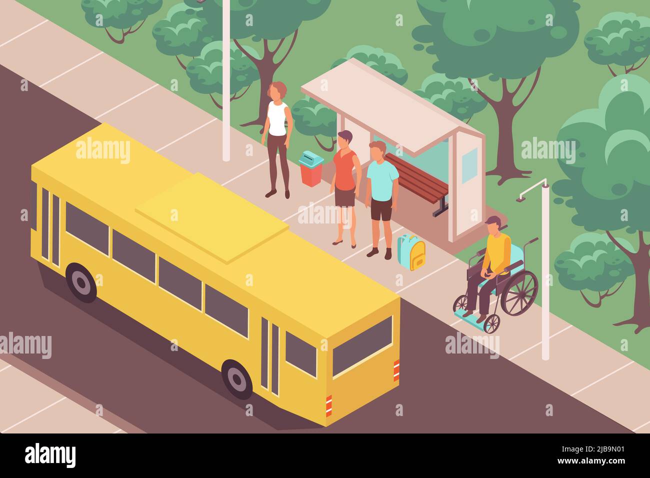 Bus-stop personnes composition isométrique avec paysage extérieur et bus jaune près de l'arrêt avec les personnes en attente illustration vectorielle Illustration de Vecteur