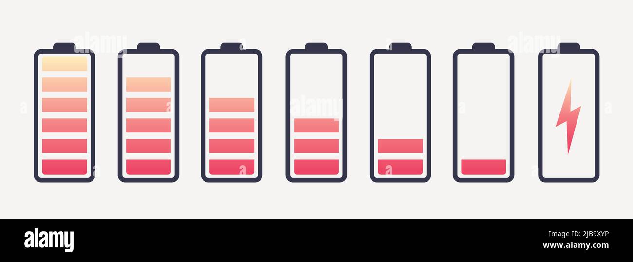 Le symbole de batterie Vector définit un niveau de charge différent pour le symbole d'énergie de l'interface utilisateur téléphone mobile, les panneaux de charge de la batterie. Indicateur de batterie de voiture. Accumulateur Illustration de Vecteur