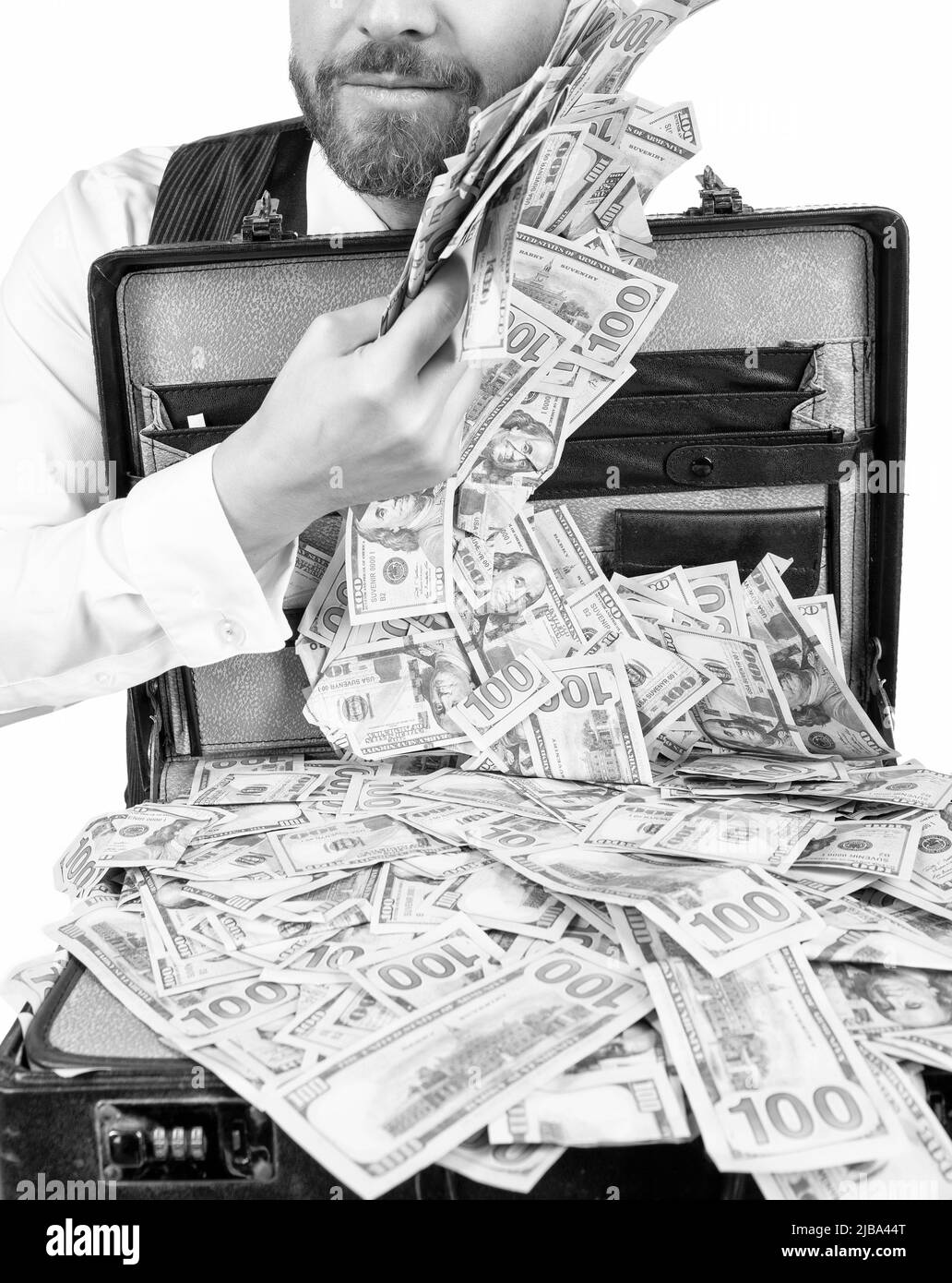 gros plan d'homme d'affaires avec café d'argent isolé sur fond blanc, pot-de-vin Banque D'Images