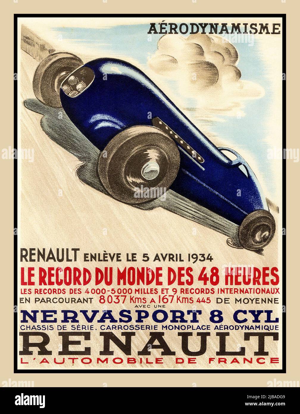 1934 Renault Vintage Motor Racing Sport affiche le Record de monde des 48 heures Banque D'Images