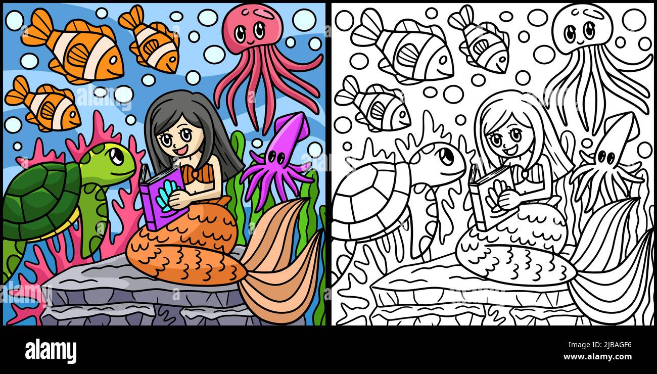 Mermaid lisant Un livre en couleur Illustration Illustration de Vecteur